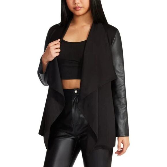 Steve Madden Black Valencia Drape Collar Jacket Faux Leather Sleeves NWT Size S - Picture 1 of 7